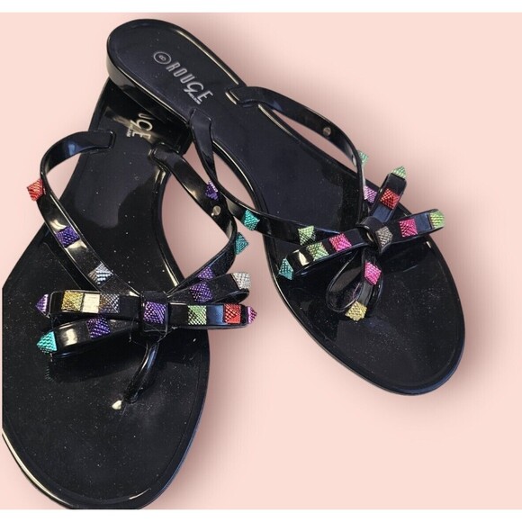 ROUGE HELIUM BLACK JELLY FLIP FLOPS SANDLE SIZE 8 MULTICOLOR STUDS. BOW - Picture 7 of 7